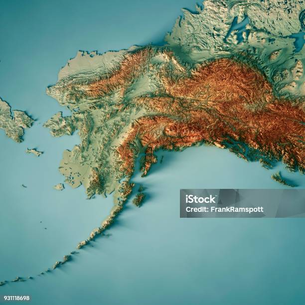 Alaska State 3d Render Topographic Map Stock Photo - Download Image Now - Alaska - US State, Map, Aerial View