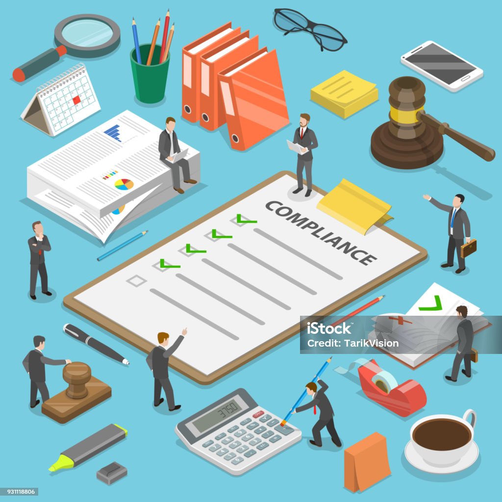 Regulatory compliance flat isometric vector concept. Regulatory compliance flat isometric vector concept. Businessmen are discussing steps to comply with relevant laws, policies, and regulations. Obedience stock vector