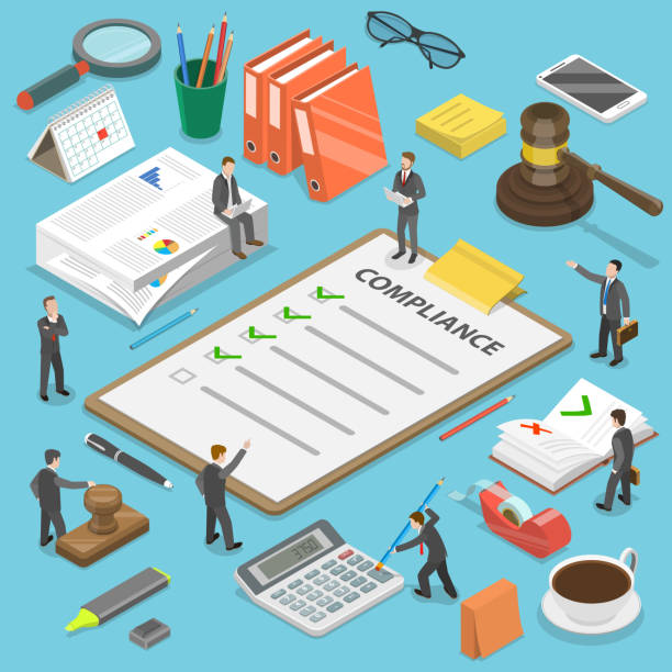 Regulatory compliance flat isometric vector concept. Regulatory compliance flat isometric vector concept. Businessmen are discussing steps to comply with relevant laws, policies, and regulations. compliance stock illustrations