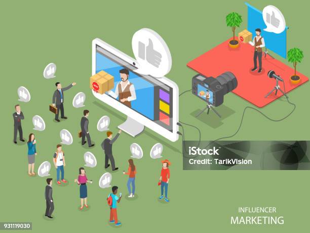 Influencer Marketing Flat Isometric Vector Concept Stock Illustration - Download Image Now - Marketing, Influencer, Isometric Projection