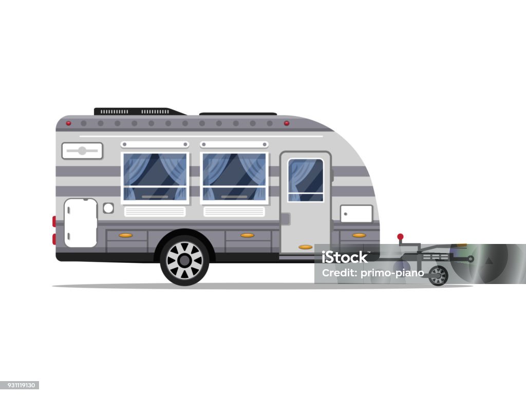 Car RV trailer isolated vector icon Car RV trailer isolated icon. Mobile home for country and nature vacation. Side view recreational vehicle van vector illustration in flat syle. Arrival stock vector