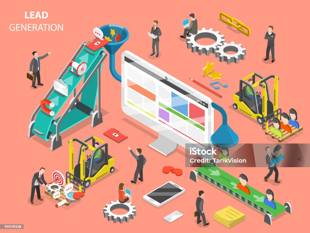 Lead generation flat isometric vector concept. Lead generation flat isometric vector concept. People are loading digital marketing attributes into a funnel from one side and getting a new leads from other side. Marketing stock vector