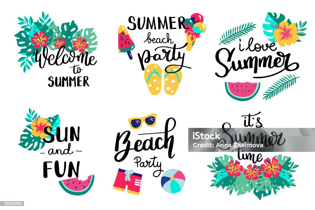 Summer lettering. Set hand drawn icons, signs and banners. Bright summertime poster. Collection Summer hand drawn elements for summer holiday and party. Summer Typographic. Vector illustration. Summer stock vector
