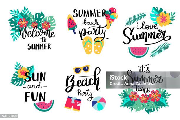 Summer Lettering Set Hand Drawn Icons Signs And Banners Bright Summertime Poster Collection Summer Hand Drawn Elements For Summer Holiday And Party Summer Typographic Vector Illustration Stock Illustration - Download Image Now