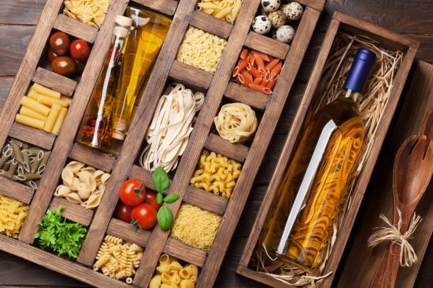 istock Various pasta in wooden box and wine 931122262