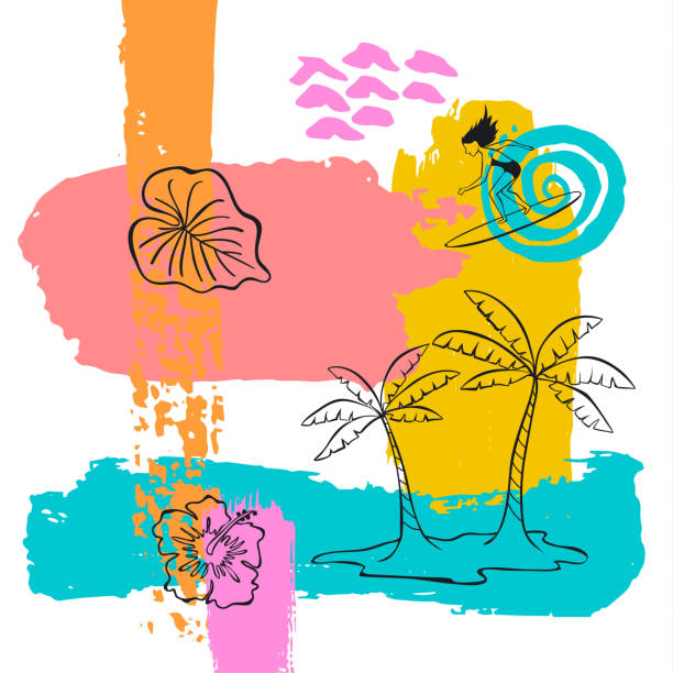 hand gezeichnete abstrakte schrulligen sommerzeit farbe pinselstrich kunst texturiert und skizziert collage karte hintergrund mit palmen bäume hibiskusblüte und surfer - surfing surf wave extreme sports stock-grafiken, -clipart, -cartoons und -symbole