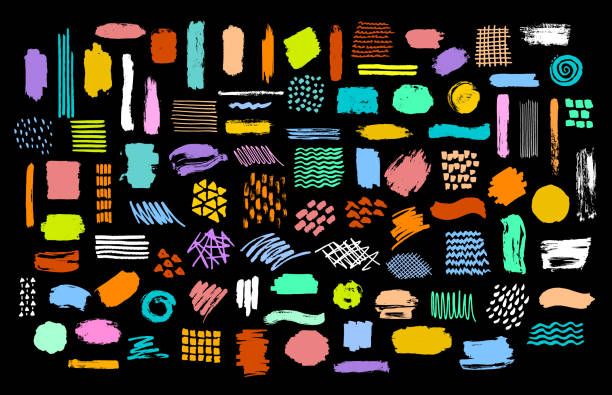 sammlung von bunten hellen trockenen farbe pinsel marker tinte schürt texturen - form stock-grafiken, -clipart, -cartoons und -symbole