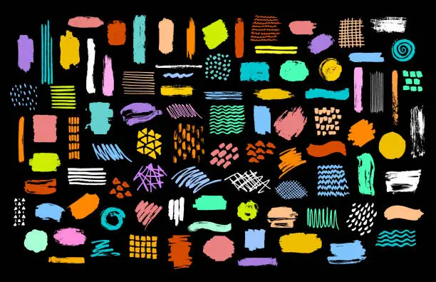 Vector illustration of collection of colorful bright dry paint brush marker ink stokes textures