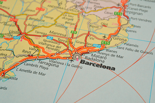 Closeup shot of a map of barcelona, spain