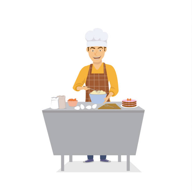 fröhlich lustige mann koch kochen backen in der küche kuchen, isolierte vektor-illustration - strawberry fruit single object food stock-grafiken, -clipart, -cartoons und -symbole