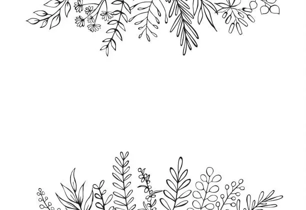 Vector illustration of black and white floral hand drawn farmhouse style outlined twigs branches header border background with place for text