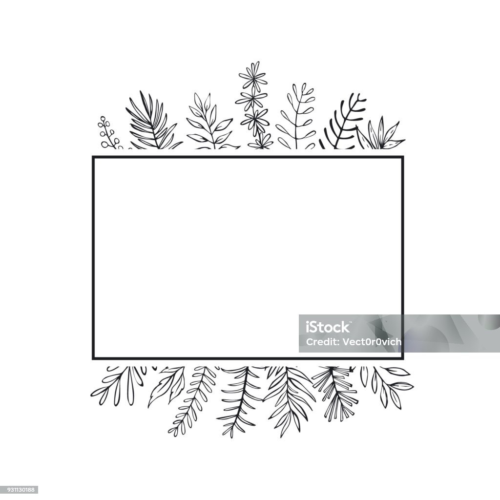 floral hand drawn farmhouse style outlined twigs branches frame border background with place for text Australia stock vector