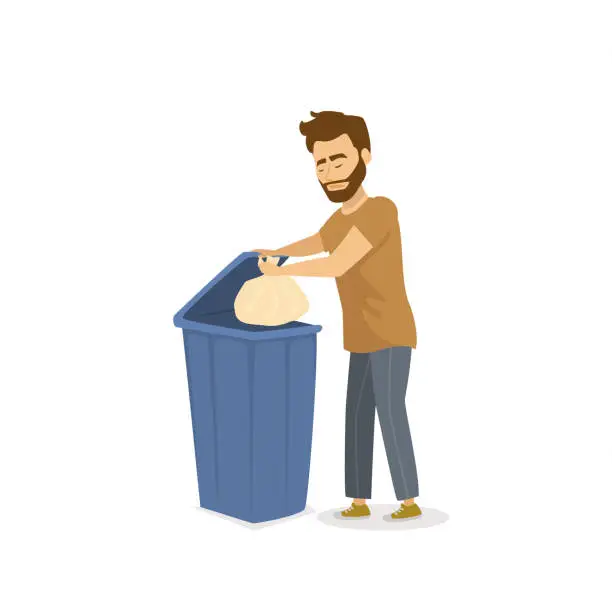Vector illustration of man throwing  garbage in a trash bin