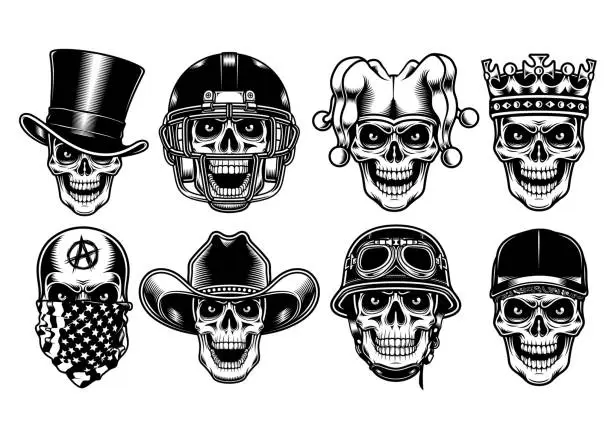 Vector illustration of Set of Skull Characters Isolated on White Background