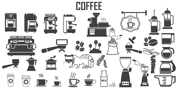 coffee, machine,  espresso, cup, kitchen  illustration flat icons. mono vector symbol