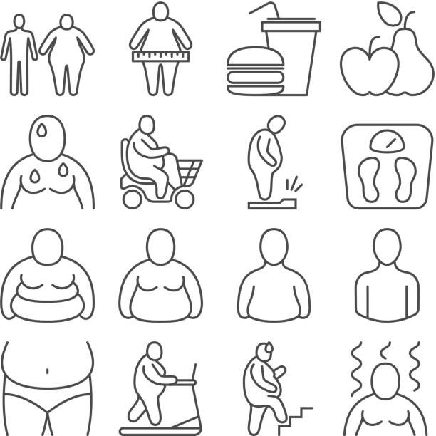 klasyfikacja otyłych, niezdrowe osoby z nadwagą i poziom wyglądu ciała ikony linii wektorowej - overweight men people abdomen stock illustrations