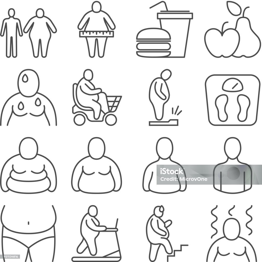 Obese classification, unhealthy overweight people and body appearance levels vector line icons Obese classification, unhealthy overweight people and body appearance levels vector line icons. People body overweight and obesity illustration Icon Symbol stock vector