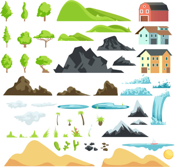 illustrations, cliparts, dessins animés et icônes de éléments de vecteur dessin animé paysage avec les montagnes, les collines, les arbres tropicaux et les bâtiments - farm lake