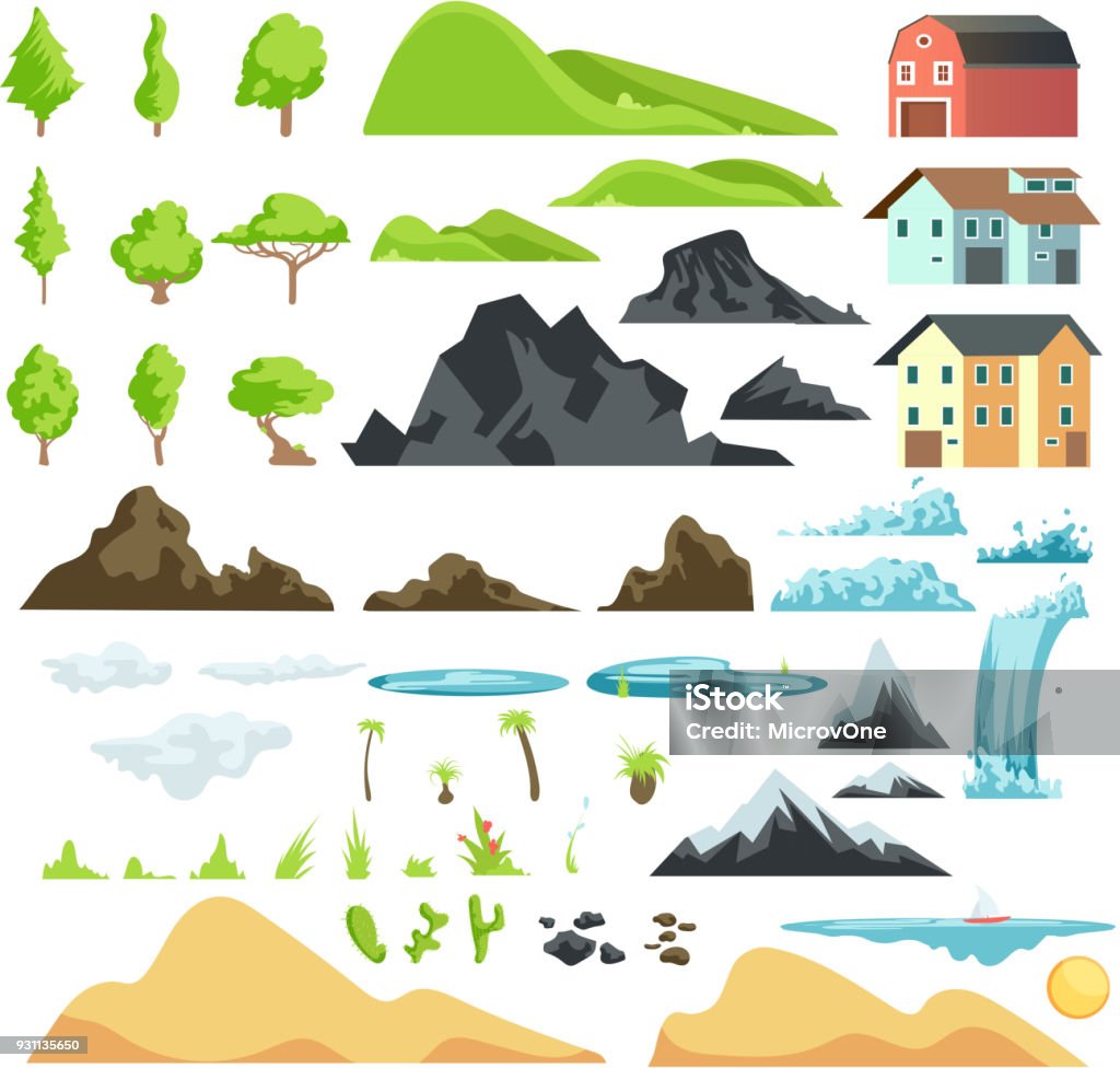 Cartoon landscape vector elements with mountains, hills, tropical trees and buildings Cartoon landscape vector elements with mountains, hills, tropical trees and buildings. Hill and mountain nature illustration Mountain stock vector