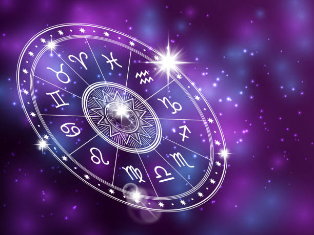Horoscope circle on shiny backgroung - space backdrop with white astrology circle Horoscope circle on shiny backgroung - space backdrop with white astrology circle. Horoscope zodiac, symbols of aries and aquarius, sagittarius and scorpio, pisces and libra. Vector illustration zodiac wheel stock illustrations