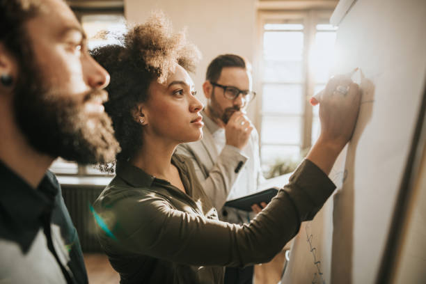 istock Young start up team drawing a business plan on whiteboard in the office. 931137616