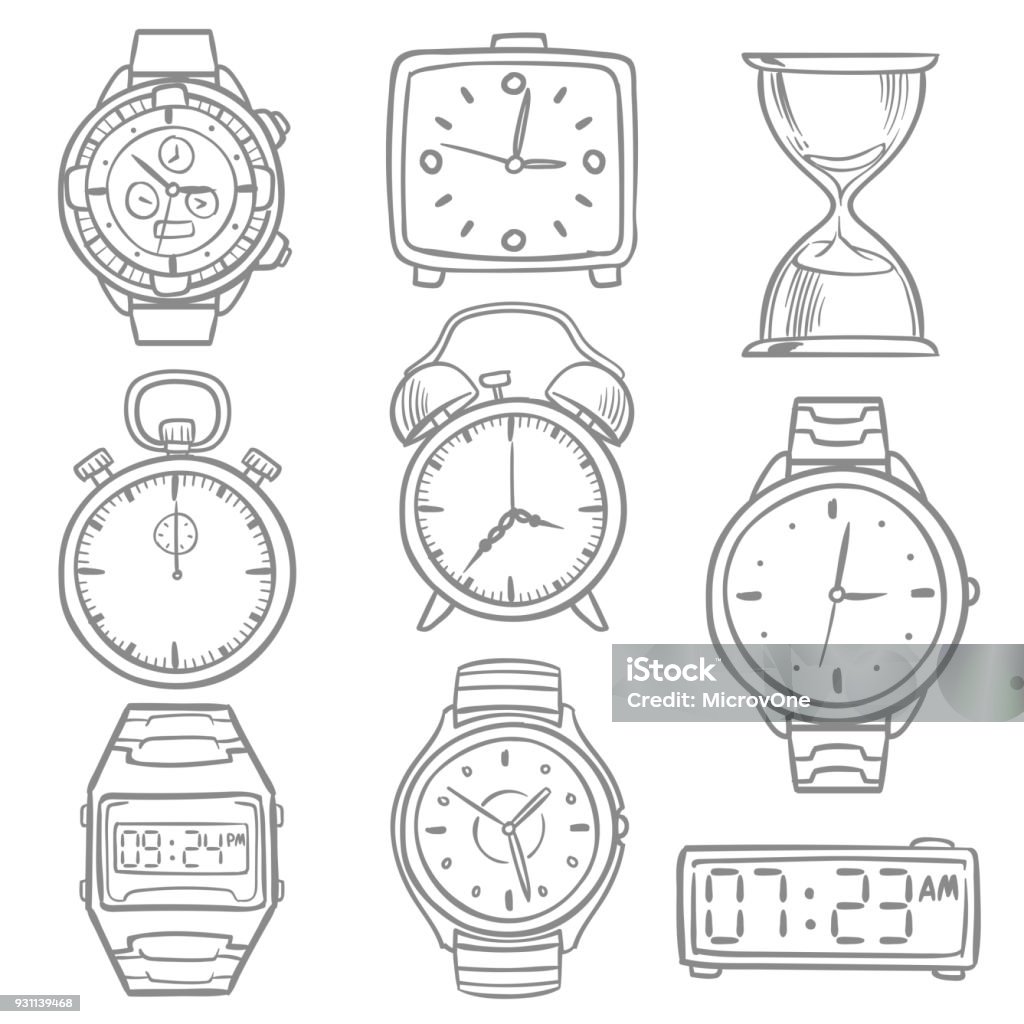 Hand drawn wristwatch, doodle sketch watches, alarm clocks and timepiece vector set Hand drawn wristwatch, doodle sketch watches, alarm clocks and timepiece vector set. Illustration of time and watch, stopwatch sketch and digital wristwatch Clock stock vector