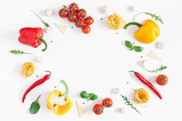 istock Ingredients for cooking pasta on white background. Flat lay 931139476
