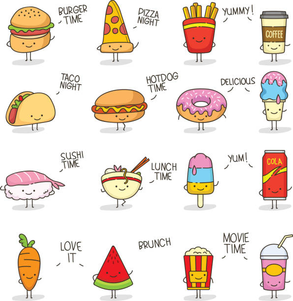 illustrazioni stock, clip art, cartoni animati e icone di tendenza di cibo carino doodle kawaii - coffee donut old fashioned snack