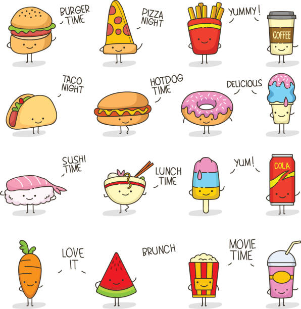 Cute Food Doodle Kawaii Set of colorful cute doodle food character. anthropomorphic smiley face illustrations stock illustrations