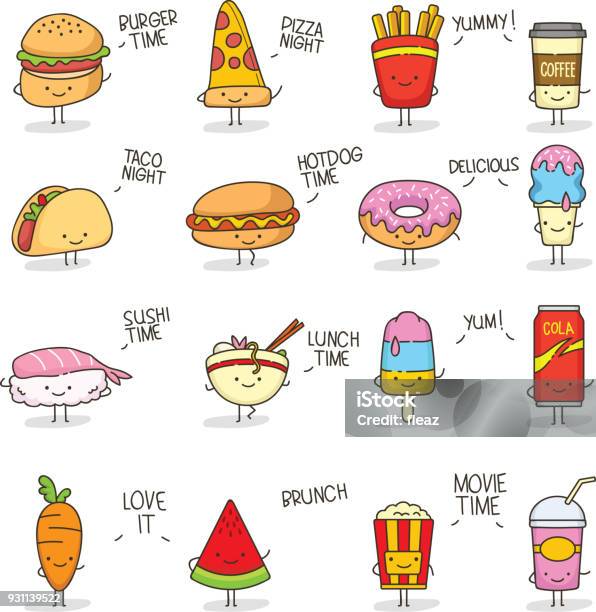 Cute Food Doodle Kawaii Stock Illustration - Download Image Now - Food, Cartoon, Cute