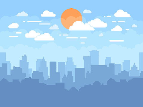 Flat cityscape with blue sky, white clouds and sun. Modern city skyline flat panoramic vector background. Urban city tower skyline illustration