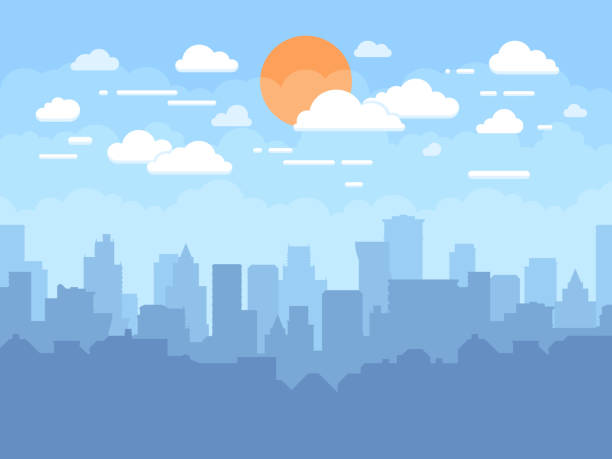 Flat cityscape with blue sky, white clouds and sun. Modern city skyline flat panoramic vector background Flat cityscape with blue sky, white clouds and sun. Modern city skyline flat panoramic vector background. Urban city tower skyline illustration town stock illustrations