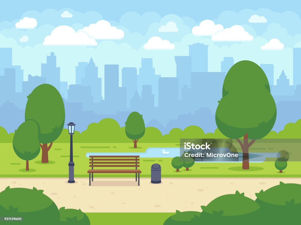 Parque de verano la ciudad con el Banco de árboles verdes, calzada y linterna. Vector ilustración de dibujos animados - arte vectorial de Parque natural libre de derechos