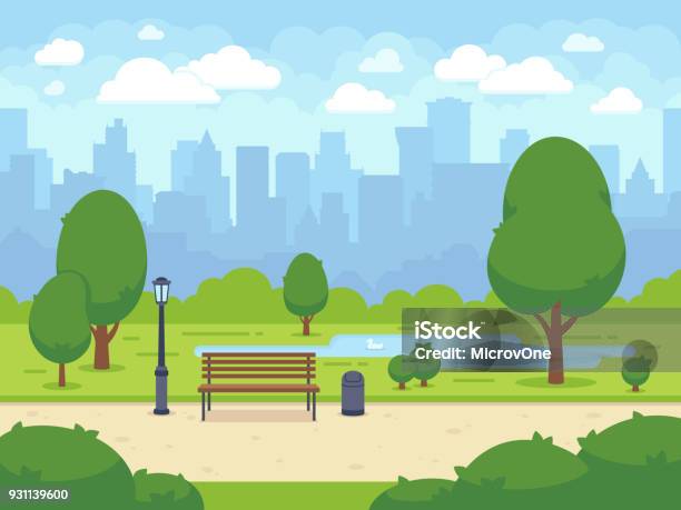 City Summer Park With Green Trees Bench Walkway And Lantern Cartoon Vector Illustration Stock Illustration - Download Image Now