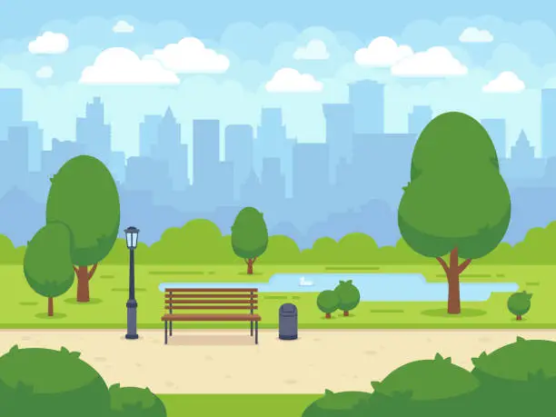 Vector illustration of City summer park with green trees bench, walkway and lantern. Cartoon vector illustration