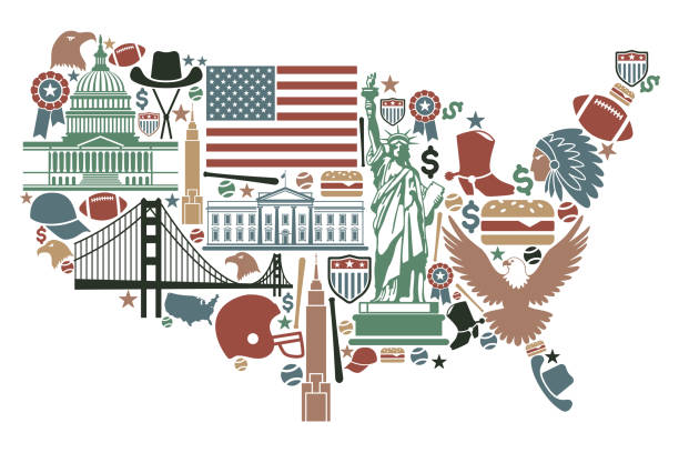 Map of USA Traditional symbols in the form of a USA map san francisco flag stock illustrations