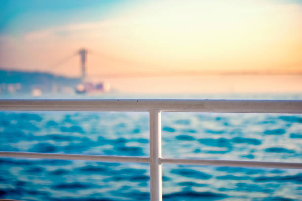 Iron railings of a tour boat with sea and bridge background