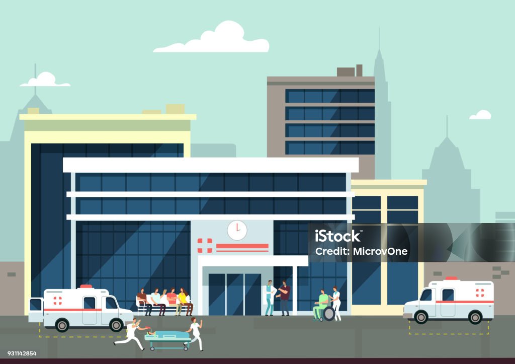 Accident and emergency hospital exterior with doctors and patients. Medical vector concept Accident and emergency hospital exterior with doctors and patients. Medical vector concept. Clinic building and hospital medical illustration Hospital stock vector