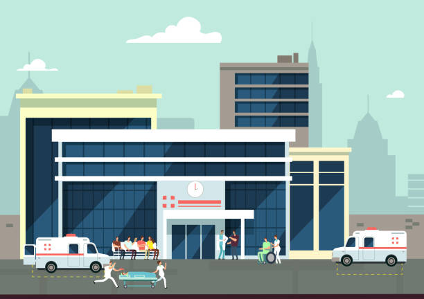 Accident and emergency hospital exterior with doctors and patients. Medical vector concept Accident and emergency hospital exterior with doctors and patients. Medical vector concept. Clinic building and hospital medical illustration hospital emergency stock illustrations