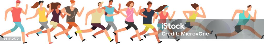 Correr gente. Grupo de corredores en movimiento. Funcionan con el fondo de deportes de los hombres y las mujeres - arte vectorial de Correr libre de derechos