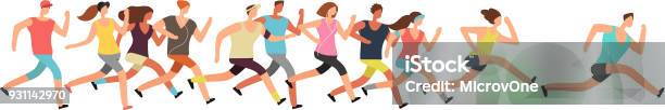 Ilustración de Correr Gente Grupo De Corredores En Movimiento Funcionan Con El Fondo De Deportes De Los Hombres Y Las Mujeres y más Vectores Libres de Derechos de Correr