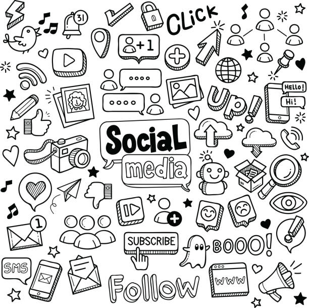 social media und kritzeleien - soziales thema stock-grafiken, -clipart, -cartoons und -symbole