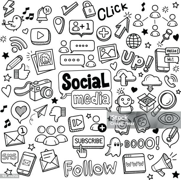 Social Media Doodles - Immagini vettoriali stock e altre immagini di Scarabocchio - Disegno - Scarabocchio - Disegno, Icona, Social network