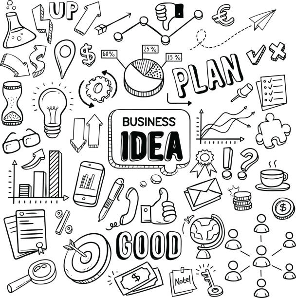 Business Idea doodles Business idea and business plan vector doodles drawing of metaphor stock illustrations