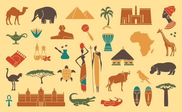 Traditional symbols of Africa Africa jungle ethnic culture travel icons set prehistoric turtle stock illustrations