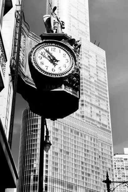 Photo of Father Time Clock in Chicago. Black And white.