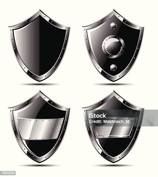 Set Of Steel Shields Isolated On White Stock Illustration - Download Image Now - Black Background, Black Color, Bright