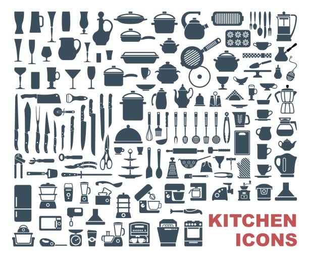 Set of high quality kitchen icons Set icons of dishware, utensils and kitchen appliances cooking utensil stock illustrations