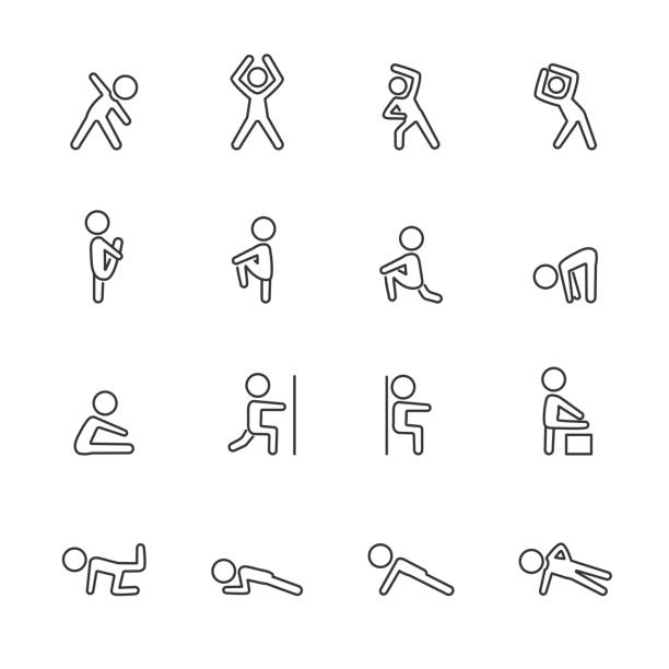 exercise fitness line icon set, vector eps10 exercise fitness line icon set, vector eps10. legs against the wall stock illustrations