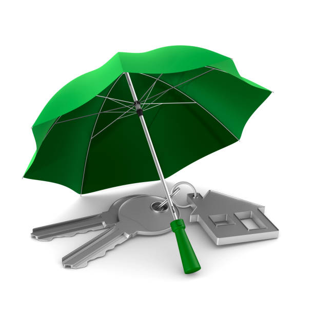 istock Two keys and trinket house under umbrella on white background. isolated 3d illustration 931165356